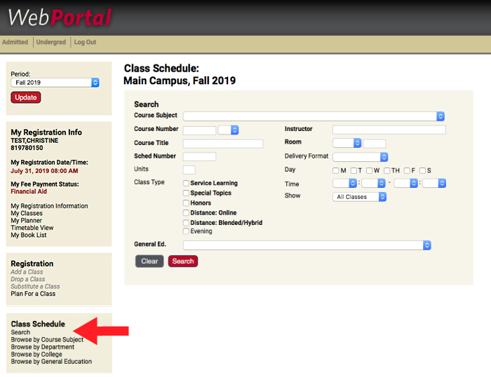 Search link is located in Class Schedule navigation.