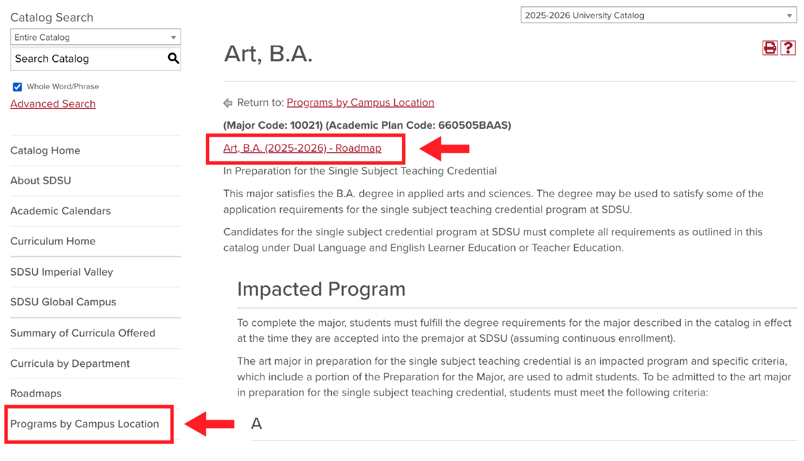Arrow pointing to the Programs by Campus Location and to the link for the roadmap.