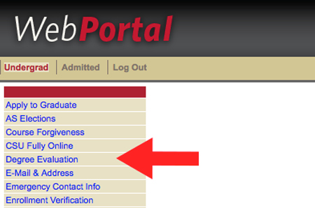 Degree Evaluation in left menu of the SDSU WebPortal