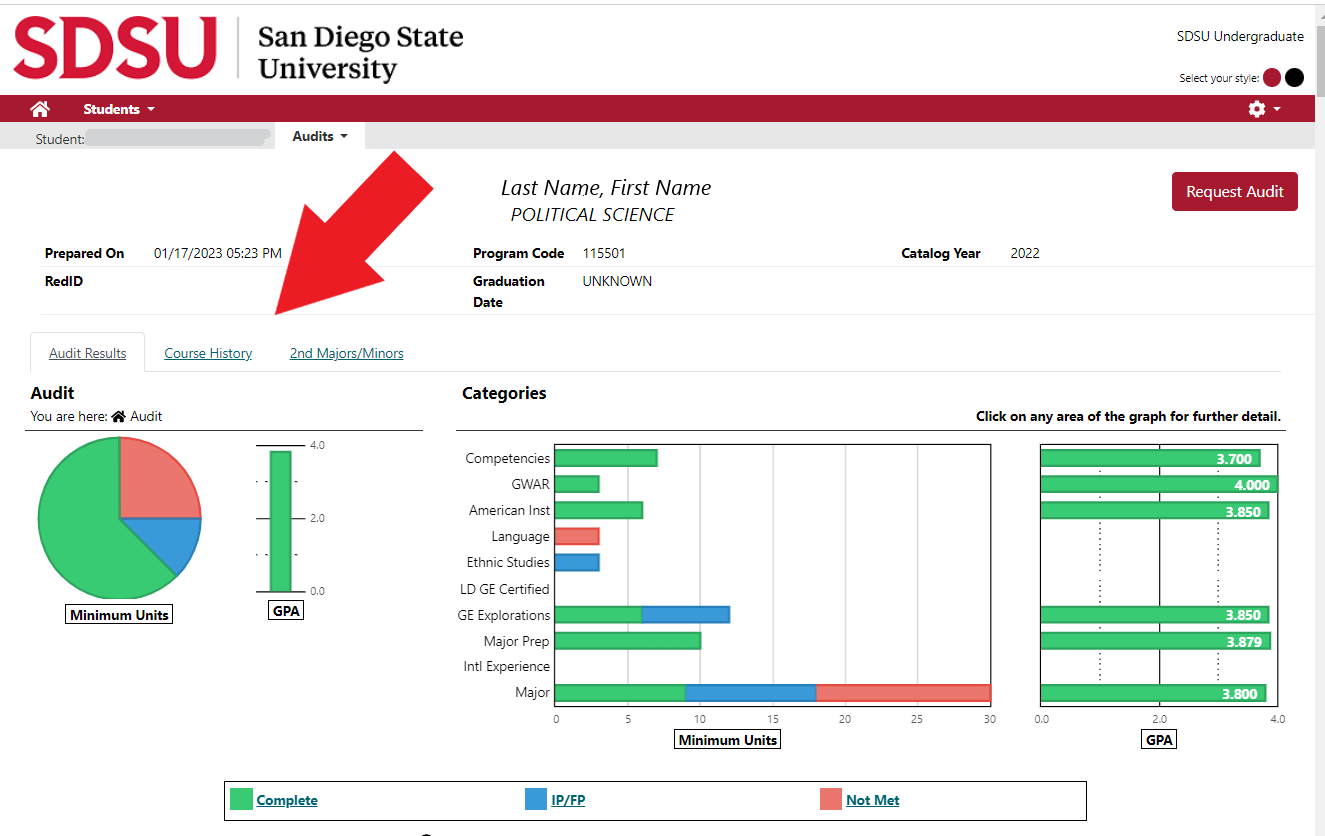 Arrow pointing to Course History tab.