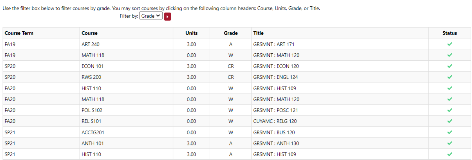 Course History filtering options.