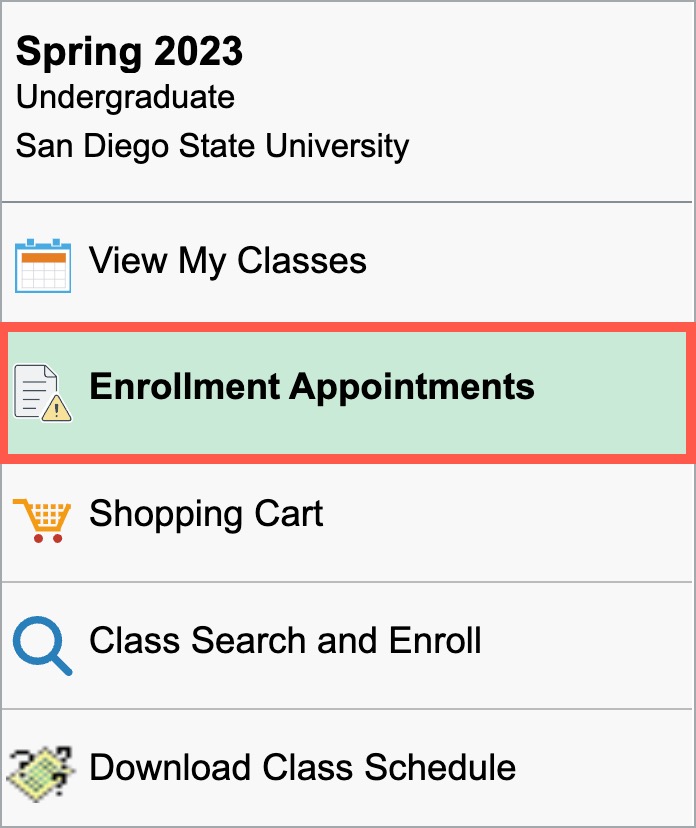 Enrollment Appointments button highlighted on left sidebar.