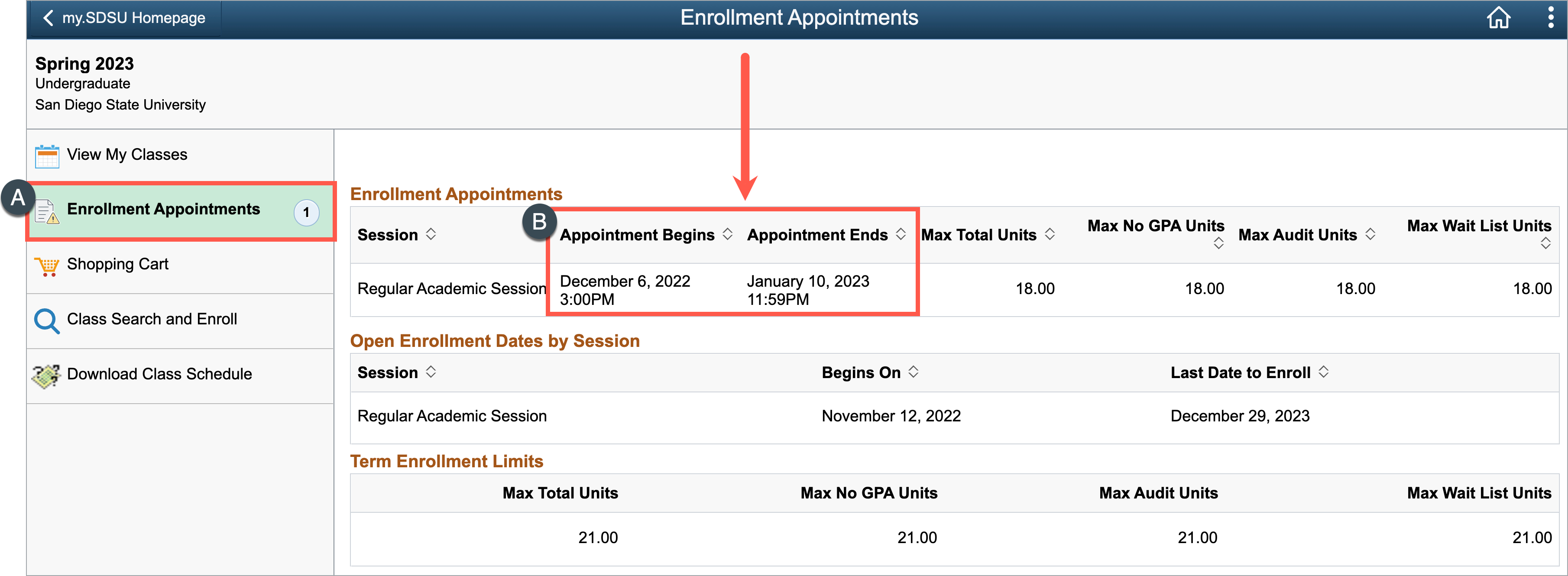 Enrollment Appointments screen showing enrollment appointments, open enrollment dates by session, and term enrollment limits.