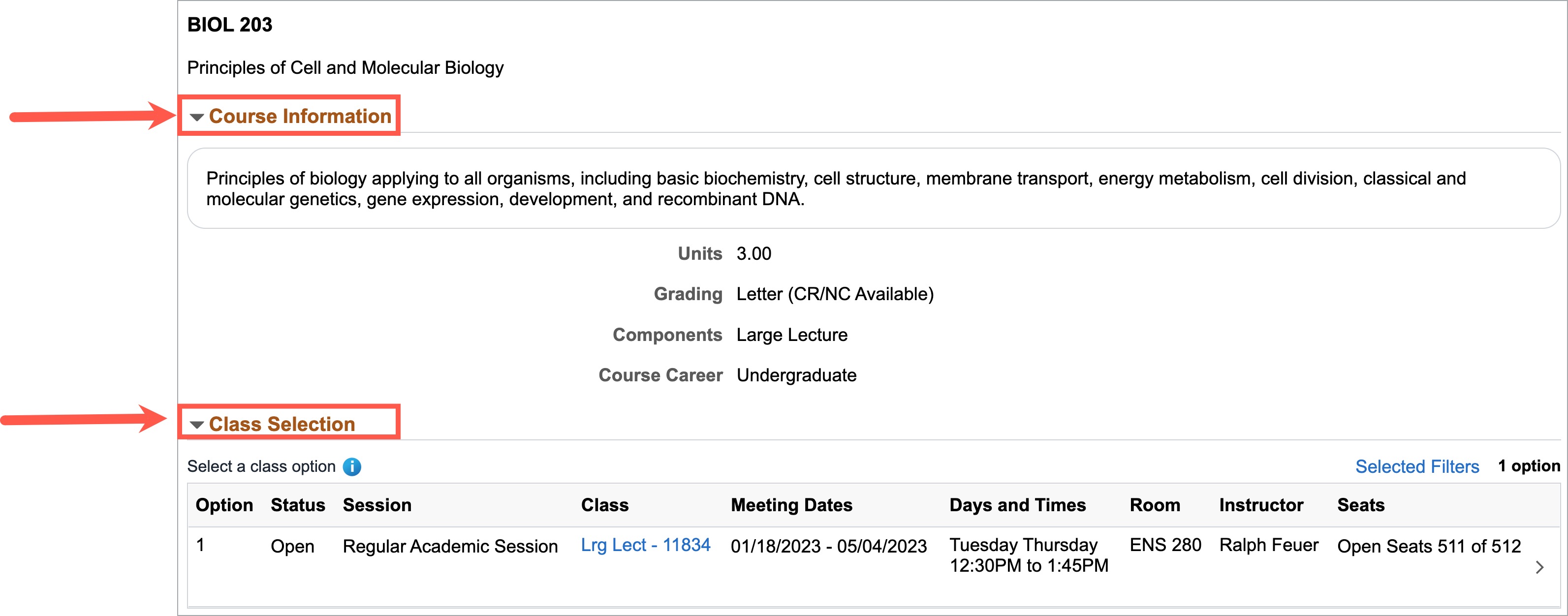 Arrow pointing to Course Information and Class Selection