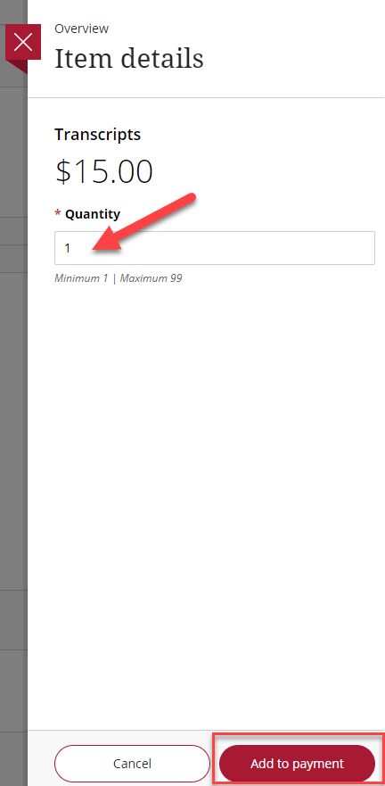 Check the quantity and select add to payment button