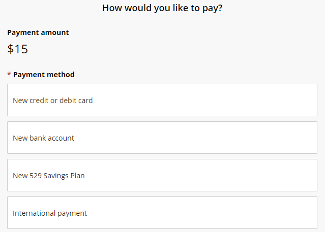choose between credit/debit card, bank account, New 529 Savings Plan, or international payment.
