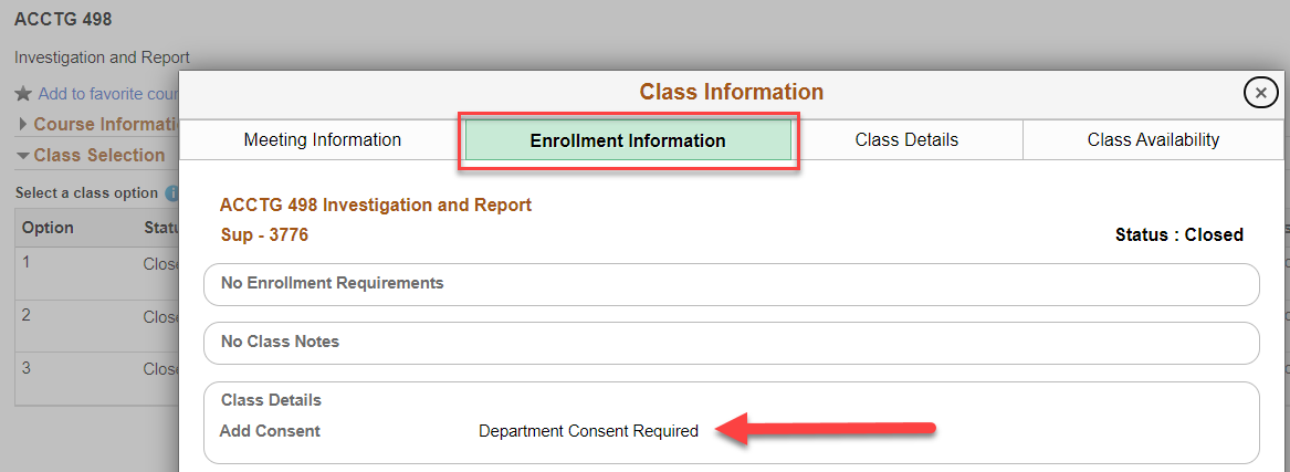 Under Class Details a message may appear that reads: Department Consent Required.