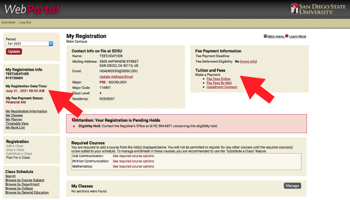 Webportal screen showing registration date and time and links for tuition and fees.